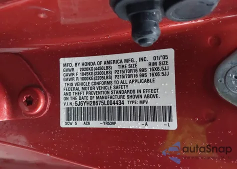 2005 Honda Element Ex from USA, damaged, VIN 5J6YH28675L004434